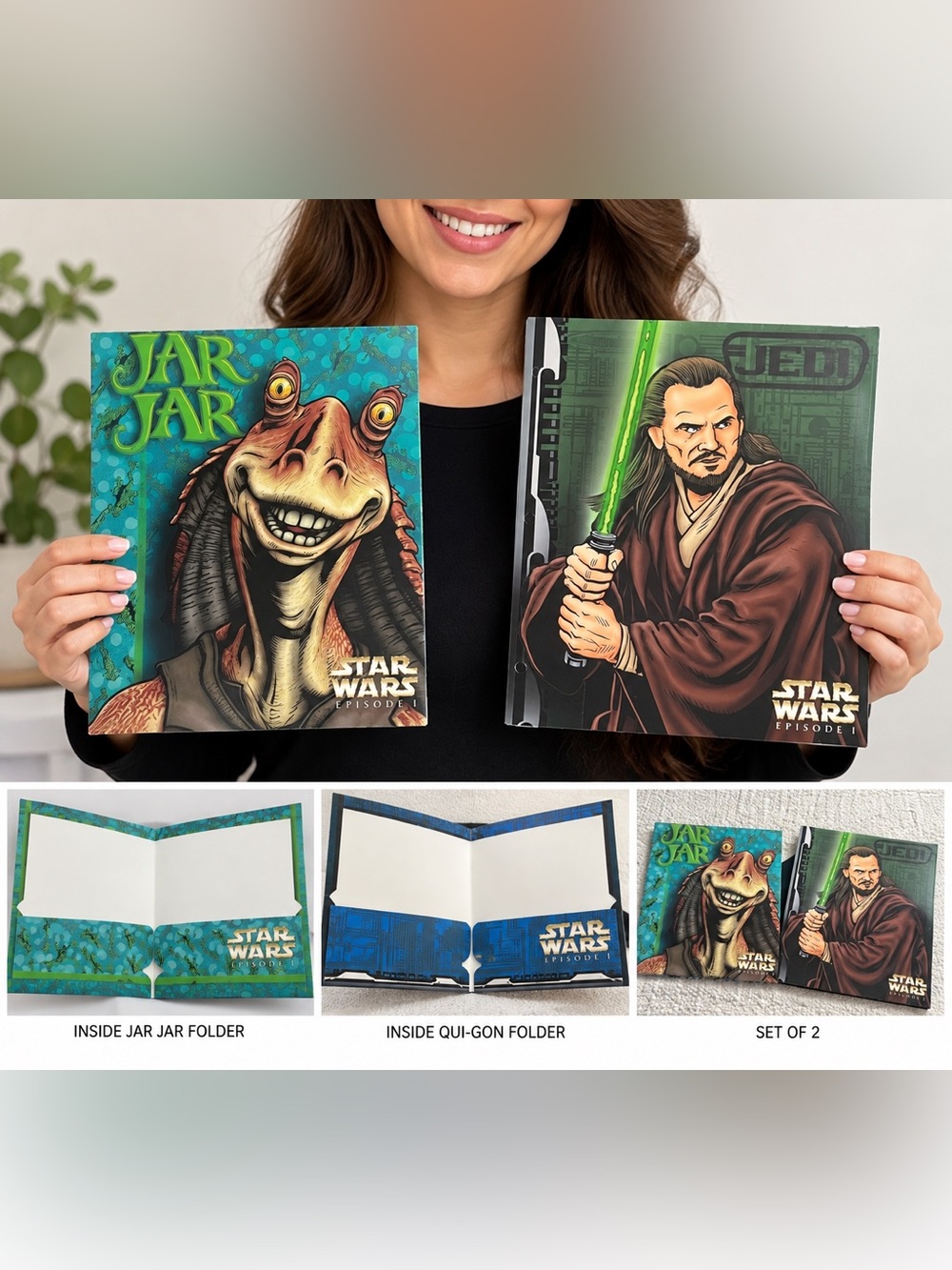 Vintage Star Wars Episode I Jar Jar Binks Qui-Gon Jinn Folders Lot of 2 1999